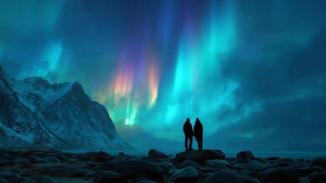 Couple Watching Northern Lights in Snowy Mountain Landscape
