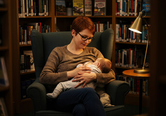 A mother lovingly breastfeeding her baby in a quiet library setting. A heartwarming scene of family bonding and care. World Breastfeeding Week