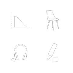 Minimalist line art illustrations of a chart chair headphones and highlighter for design