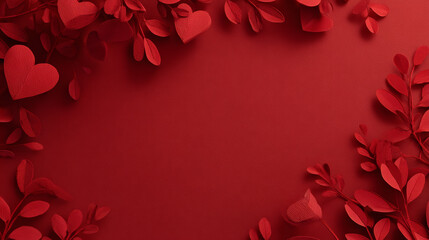 A dark red background is partially framed by stylized, three-dimensional objects in the shape of hearts and leafy branches