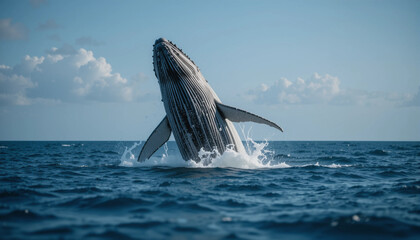 Fototapeta premium Ocean's Giant: A magnificent whale breaches the water's surface, its massive form a symbol of the ocean's raw power and beauty against a backdrop of the sky.