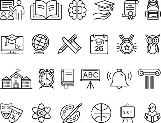 Minimalist Educational Icon Set Featuring Learning, Teaching, and Academic Symbols