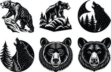 Obraz premium Majestic Wildlife Black and White Bear and Wolf Illustrations