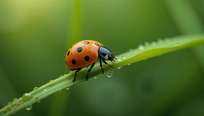 Fototapeta premium Ladybug's Morning Dew: A close-up photograph captures a vibrant ladybug perched delicately on a blade of grass, glistening with morning dew.