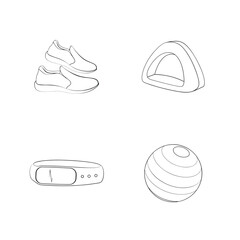 Line art illustration of fitness and wellness equipment depicting exercise and health goals