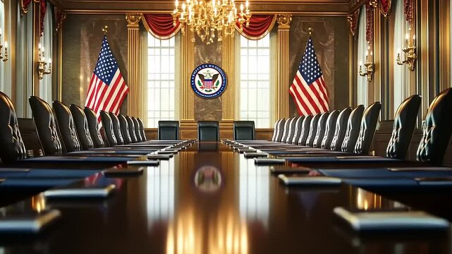 Formal conference room with a long table, flags, and a presidential seal, ready for a meeting