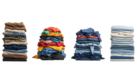 neatly folded and messy piles of clothes - laundry and organization concept isolated on transparent background