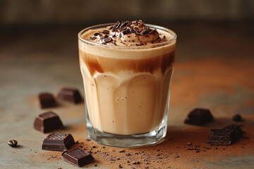 A glass of coffee topped with chocolate and additional chocolate garnish.