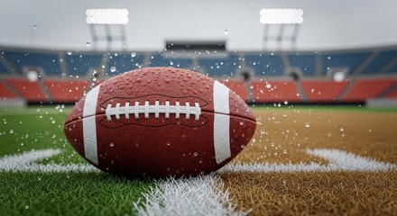 Wet American football ball on field with water droplets, illuminated by stadium lights on a rainy day. Dramatic sports scene perfect for football, and outdoor themes
