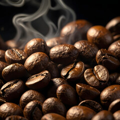 Aromatic Freshly Roasted Coffee Beans with Delicate Smoke on Dark Background in a Close Up View