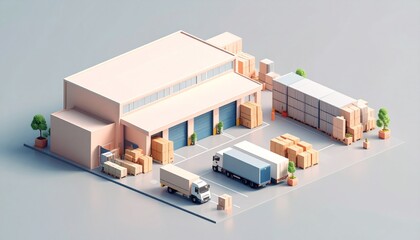 Modern Warehouse Logistics Center with Delivery Trucks and Cargo.