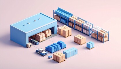 Modern Warehouse Logistics Efficient Inventory Management System 3D Render.