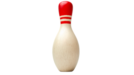 A single bowling pin with red head and white stripes isolated on a black background in studio shot isolated on transparent background