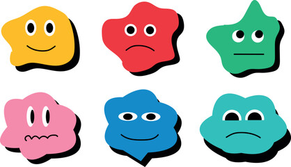 Trendy Retro Sticker Pack with Smile Faces: Funky Y2K and 90s-Inspired Cartoon Comic Patches in Bold Geometric Shapes and Vibrant Colors