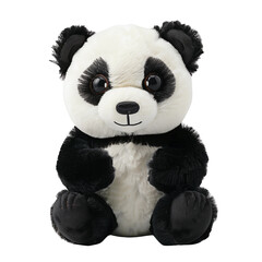A stuffed panda bear is sitting on a white background