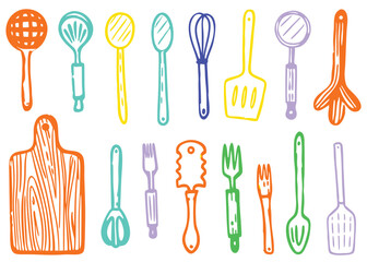 Vector illustration set of kitchen utensils, including spoons, forks, knives, and other cooking tools for restaurant menu design or dinner table settings