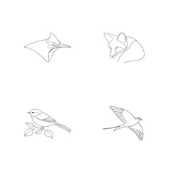 Simple line art of a fox and various birds on a clean white background