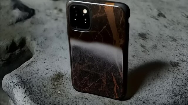 Elegant phone case with marble effect set against a textured rock background