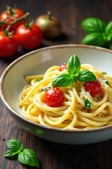 Al dente fettuccine, vibrant cherry tomatoes, fresh basil , culinary, fresh