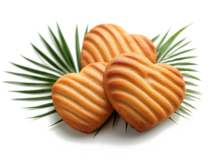 Sweet Heart Treats: A trio of heart-shaped cookies, perfectly formed and golden-brown, sit atop verdant palm leaves, a delicious representation of warmth and affection.