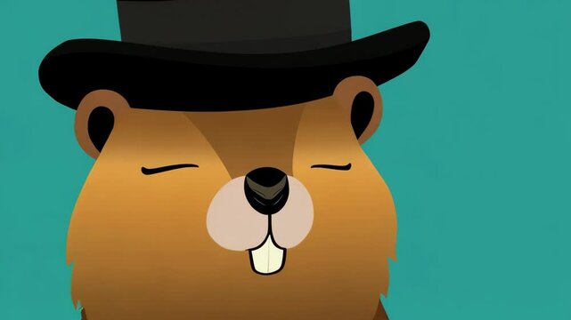 Cartoon-style groundhog wearing a black top hat looks upwards against a solid blue background in animated cartoon style.