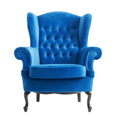 A blue velvet chair with a black frame