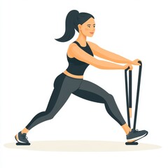 Woman doing Leg curl prone with long resistance band exercise. flat vector illustration isolated on white background
