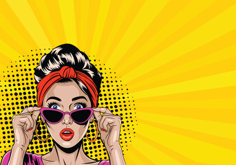 Beautiful surprised woman in sunglasses. Vector colorful background in retro comic pop art style. © дима селиванов