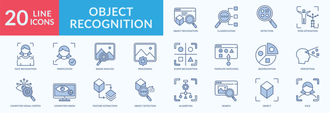 Object recognition icon collection set with pose estimation,face recognition, image analysis, computer vision, object detection