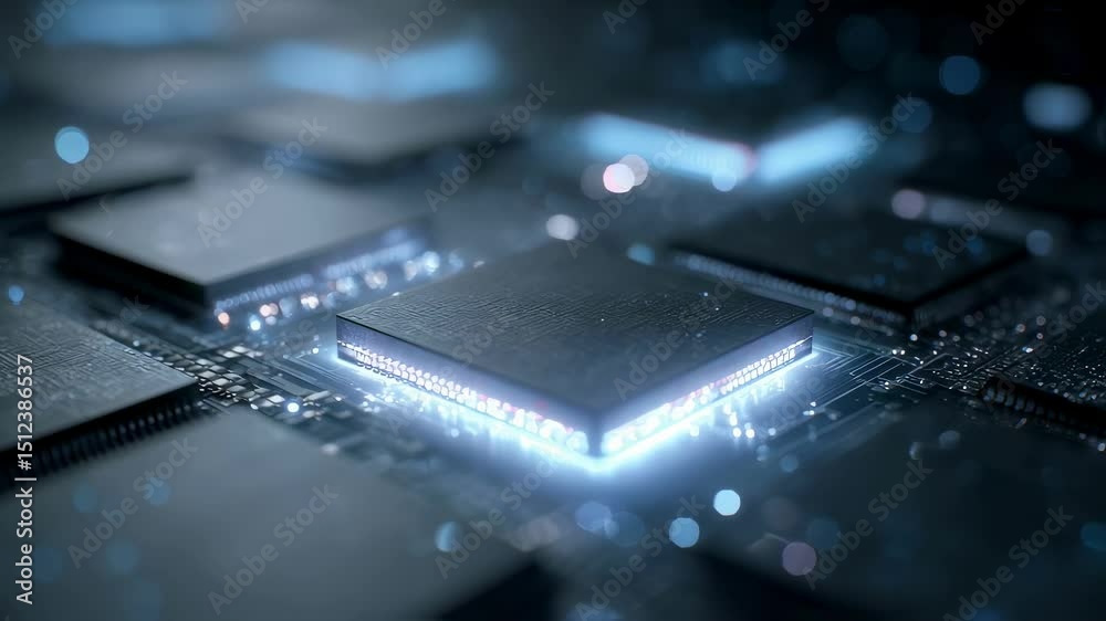 Poster quantum computing technology is showcased with a glowing quantum chip on a motherboard, suggesting a