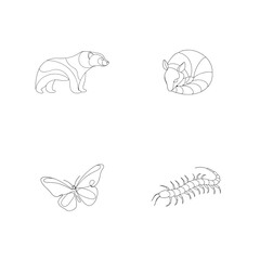 Minimalist line art illustration of four different animals on a white background