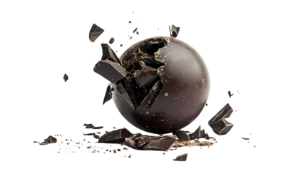 A shattered chocolate sphere with fragments scattered against a black background in a studio shot isolated on transparent background
