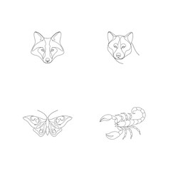 Minimalist black line drawings featuring fox wolf butterfly and scorpion isolated on white background