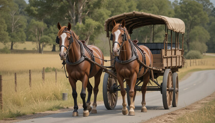 Vintage Horse-Drawn Carriage: A classic horse-drawn carriage gracefully traverses a sun-drenched road, capturing the nostalgia of a bygone era amidst the serenity of the countryside.