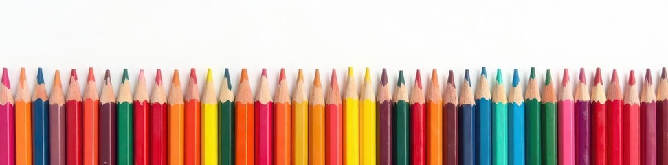 Fototapeta premium Vibrant spectrum of colored pencils arranged artfully on white background, drawing pencils, office supplies, colorful background