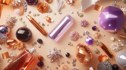 Flat lay of celebration items like party horns, confetti poppers, and glittering garlands