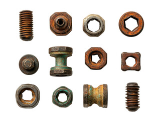 Variety of Fasteners: Detailed, close-up view of a collection of various metallic fasteners. Featuring rusted bolts, washers, and nuts. A testament to the industrial age