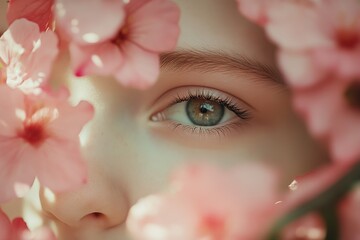 Detailed close-up of woman's eye with subtle makeup, set against floral arrangement in diffused daylight. Great for wellness articles, cosmetic brand visuals, spa brochures