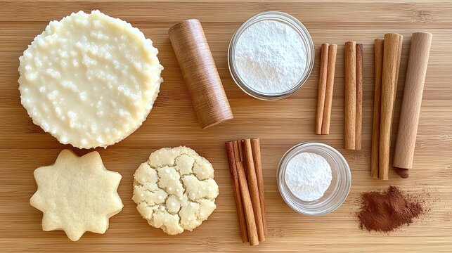 Flat lay of Christmas cookies, rolling pin, spices, and baking tools on a dusted wooden surface