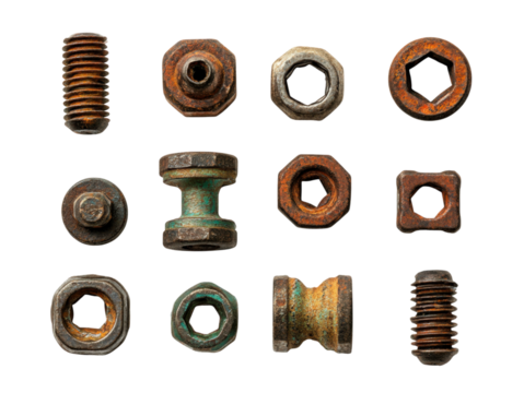 Variety of Fasteners: Detailed, close-up view of a collection of various metallic fasteners. Featuring rusted bolts, washers, and nuts. A testament to the industrial age
