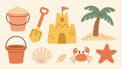 Modern and natural aesthetic illustration of summer beach sandcastle elements collection, featuring sandcastle, palm tree, crab, seashells, buckets, and shovel. Perfect for summer-themed designs.