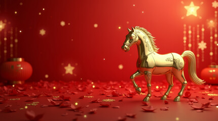 Golden horse on red Chinese background, symbol of Chinese New Year 2026