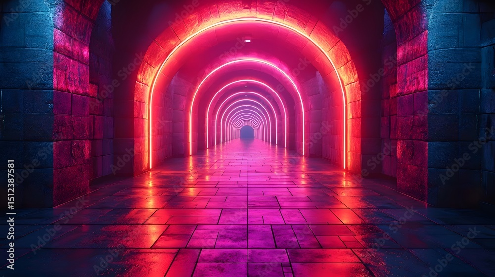 Sticker futuristic neon lit runway tunnel with pulsating light trails