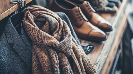 Layered business casual outfit featuring cardigan, blouse, scarf, and leather shoes