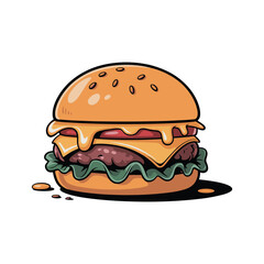 Cartoon Cheeseburger Illustration – Tasty Fast Food with Cheese, Lettuce, Tomato, and Bun Isolated on White Background