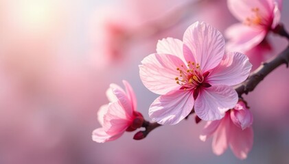 Obraz premium Delicate pink oriental cherry blossom, soft petals unfurl , sunlight, unfurling petals, pink