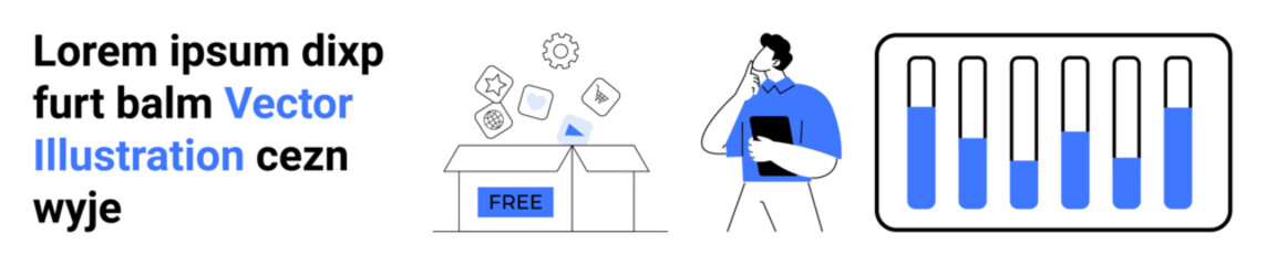 Person holding folder, analyzing free tools from a box, surrounded by icons and data-filled test tubes. Ideal for innovation, technology, research, experimentation, data analysis, education simple