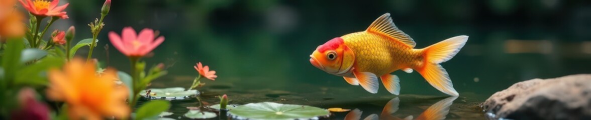 Fototapeta premium Gold fish swimming in the pond amidst beautiful flowers, garden, water