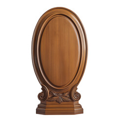 A wooden oval shaped object with a carved design on it