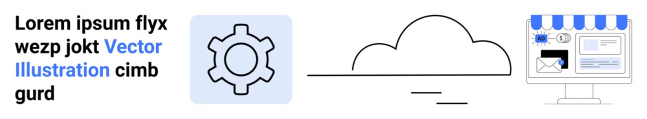 Gear, cloud symbol, online storefront interface, and text elements linked to digital infrastructure. Ideal for technology, cloud computing, e-commerce, marketing, innovation IT services simple